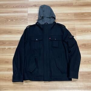 Levi's Mens Wool Bomber Jacket Sz Medium Black Full Zip Hooded Lined Dress Coat